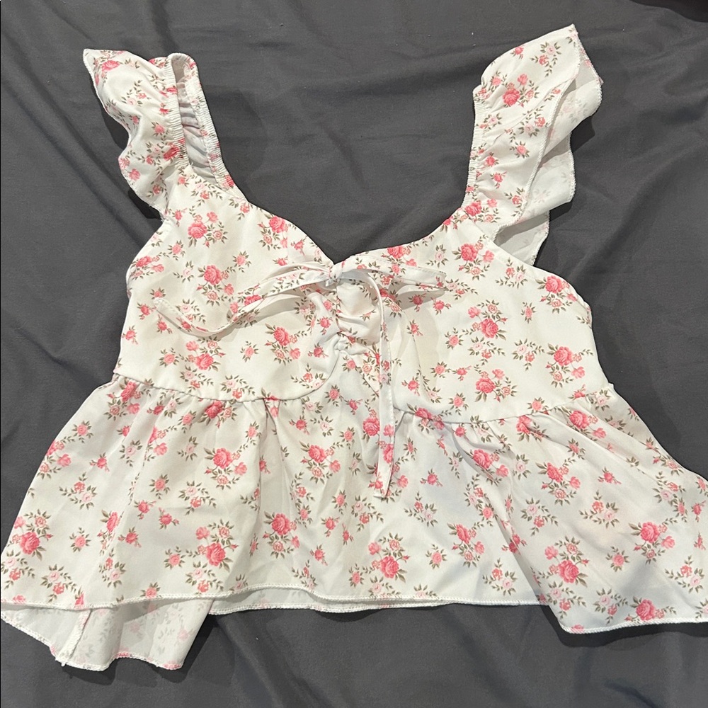 Pink and white floral cropped blouse